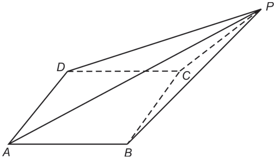 Representação espacial do poliedro PABCD, com base ABCD e vértice P, mostrando os segmentos que ligam P a A, B, C e D.