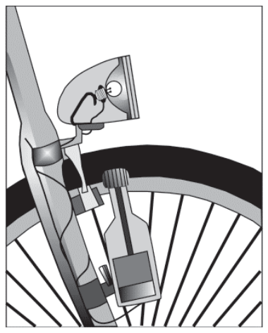 Ilustração em corte da roda dianteira de uma bicicleta com um dínamo acoplado ao garfo, em contato com o pneu, e conectado por fios a um farol dianteiro com uma lâmpada em seu interior.