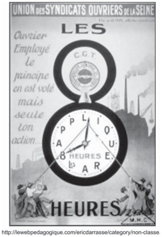 Cartaz sindical francês de 1919 com o título "UNION DES SYNDICATS OUVRIERS DE LA SEINE", apresentando a imagem de um grande número 8 no centro, sendo a parte inferior formada pelo mostrador de um relógio marcando 8 horas. Letras formam a palavra "APPLIQUER" ao redor do mostrador, cujos ponteiros são puxados em direções opostas por cordas seguradas por trabalhadores à esquerda e burgueses/patrões à direita.