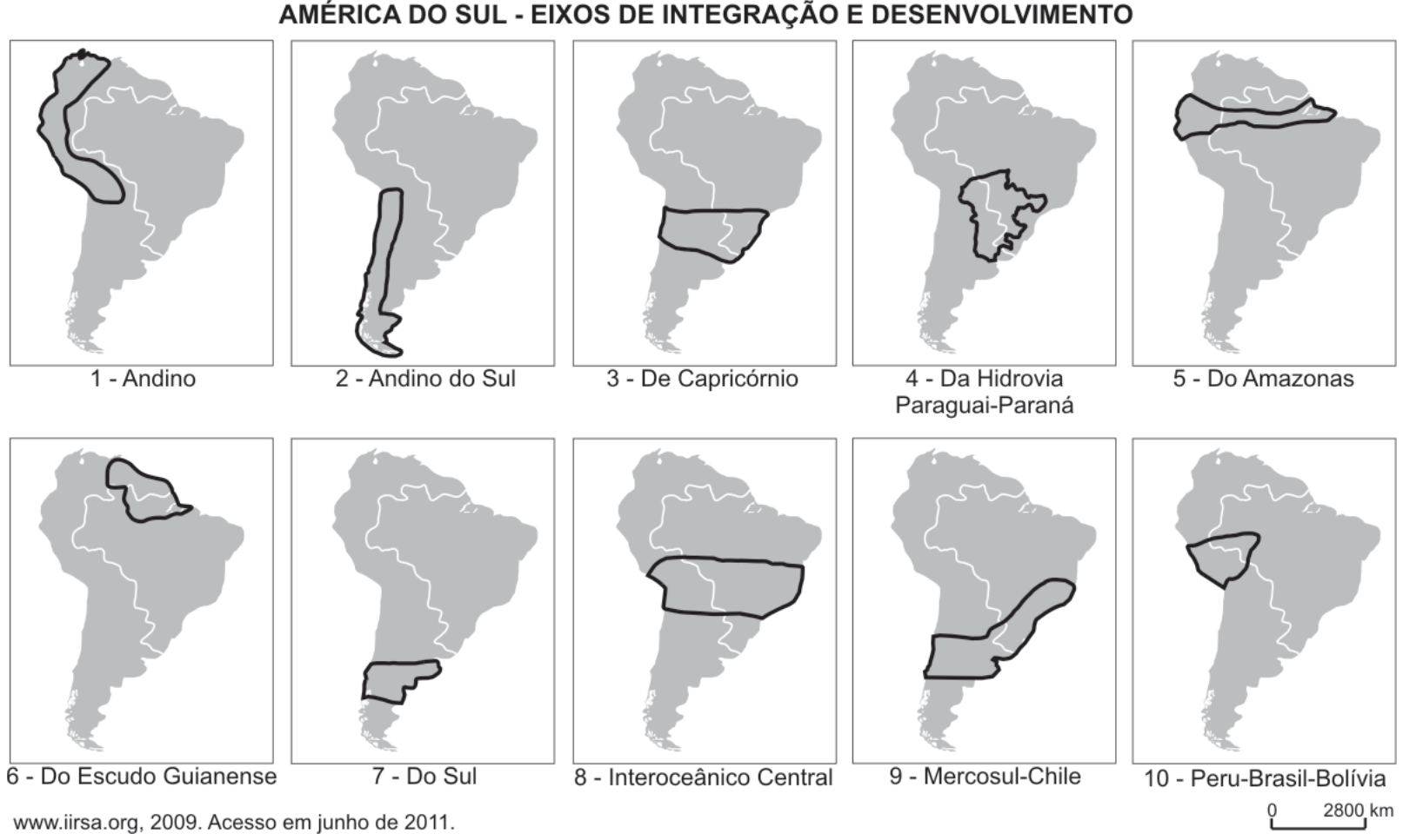Dez mapas da América do Sul representando os Eixos de Integração e Desenvolvimento da IIRSA: 1 - Andino; 2 - Andino do Sul; 3 - De Capricórnio; 4 - Da Hidrovia Paraguai-Paraná; 5 - Do Amazonas; 6 - Do Escudo Guianense; 7 - Do Sul; 8 - Interoceânico Central; 9 - Mercosul-Chile; 10 - Peru-Brasil-Bolívia.