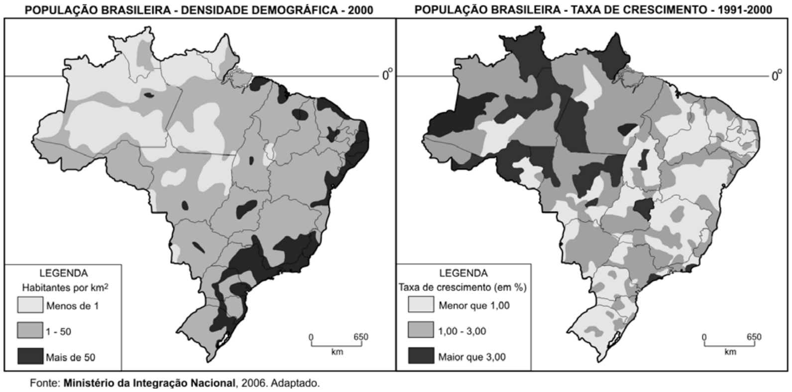 Dois mapas do Brasil lado a lado. À esquerda, "População brasileira - densidade demográfica - 2000", categorizada em habitantes por km²: Menos de 1, 1 - 50 e Mais de 50. À direita, "População brasileira - taxa de crescimento - 1991-2000", com legenda em taxa de crescimento (%): Menor que 1,00, 1,00 - 3,00 e Maior que 3,00.