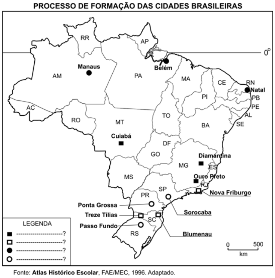 Mapa do Brasil intitulado "PROCESSO DE FORMAÇÃO DAS CIDADES BRASILEIRAS", indicando cidades agrupadas por quatro símbolos: Manaus, Belém e Natal com círculos pretos; Cuiabá, Diamantina e Ouro Preto com quadrados pretos; Nova Friburgo, Blumenau e Treze Tílias com quadrados brancos; Sorocaba, Ponta Grossa e Passo Fundo com círculos brancos. A legenda apresenta os quatro símbolos associados a pontos de interrogação.