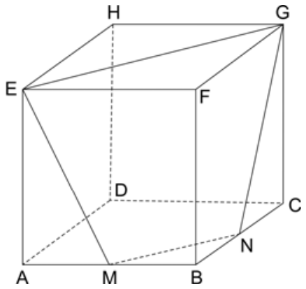 Cubo de vértices ABCDEFGH com pontos médios M em AB e N em BC, destacando as arestas EM, MN, NG e EG do tronco de pirâmide MBNEFG.