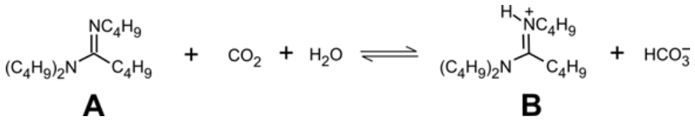 Equação química reversível mostrando a reação entre o composto A, CO2 e H2O, formando o cátion B e o ânion bicarbonato (HCO3⁻)
