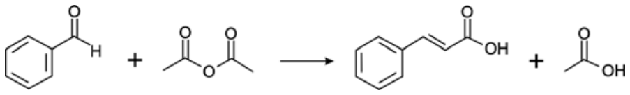 Equação química da reação entre benzaldeído e anidrido acético, formando ácido cinâmico e ácido acético