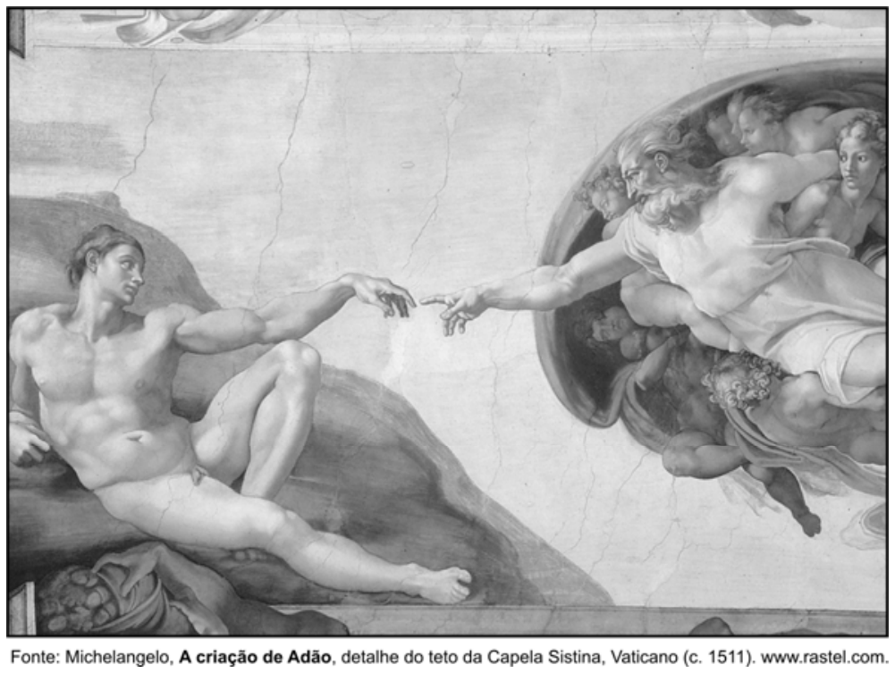 Afresco A criação de Adão, de Michelangelo, no teto da Capela Sistina, representando Adão reclinado à esquerda e Deus, rodeado de figuras angelicais, estendendo o braço em sua direção com os dedos quase se tocando.