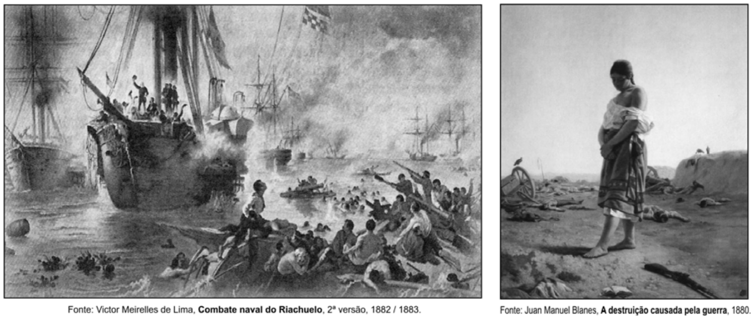 Duas pinturas retratando a Guerra do Paraguai. À esquerda: "Combate naval do Riachuelo" (1882/1883), de Victor Meirelles de Lima, retratando uma intensa batalha naval com embarcações sob fogo e fumaça, marinheiros em conveses e na água lutando em combate. À direita: "A destruição causada pela guerra" (1880), de Juan Manuel Blanes, retratando uma mulher descalça e cabisbaixa, em pé no centro de um campo de batalha desolado, cercada por cadáveres e destroços.