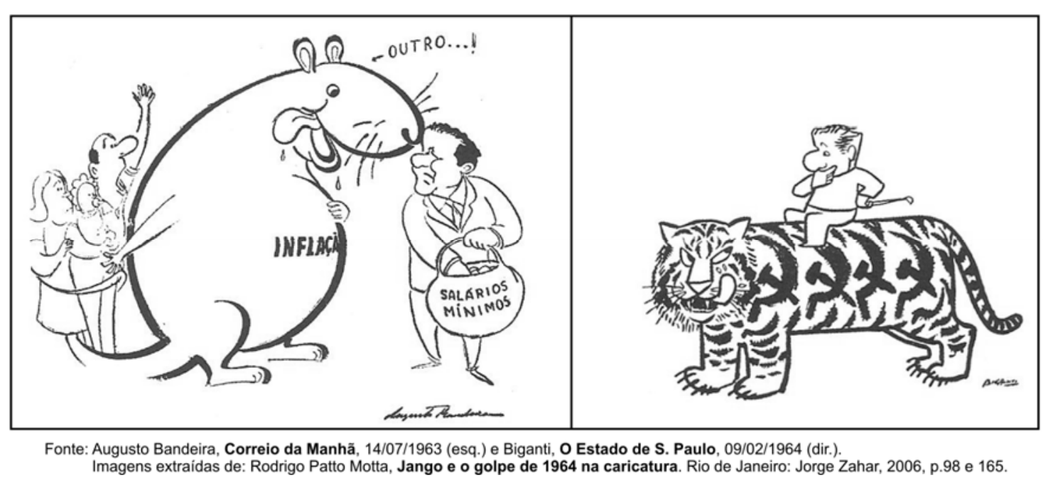 Duas charges políticas sobre o governo de João Goulart. À esquerda, Jango oferece uma cesta com a inscrição "SALÁRIOS MÍNIMOS" a uma criatura enorme com a palavra "INFLAÇÃO" na barriga, que diz "- OUTRO...!"; atrás dela, uma família observa com apreensão. À direita, Jango está montado sobre o dorso de um tigre cujas listras têm o formato do símbolo comunista da foice e martelo. Abaixo das charges constam os créditos das publicações originais.