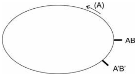 Esquema de uma pista oval de corrida indicando o sentido anti-horário para o atleta (A), a posição do primeiro encontro AB na lateral direita e a posição do terceiro encontro A'B' logo abaixo.