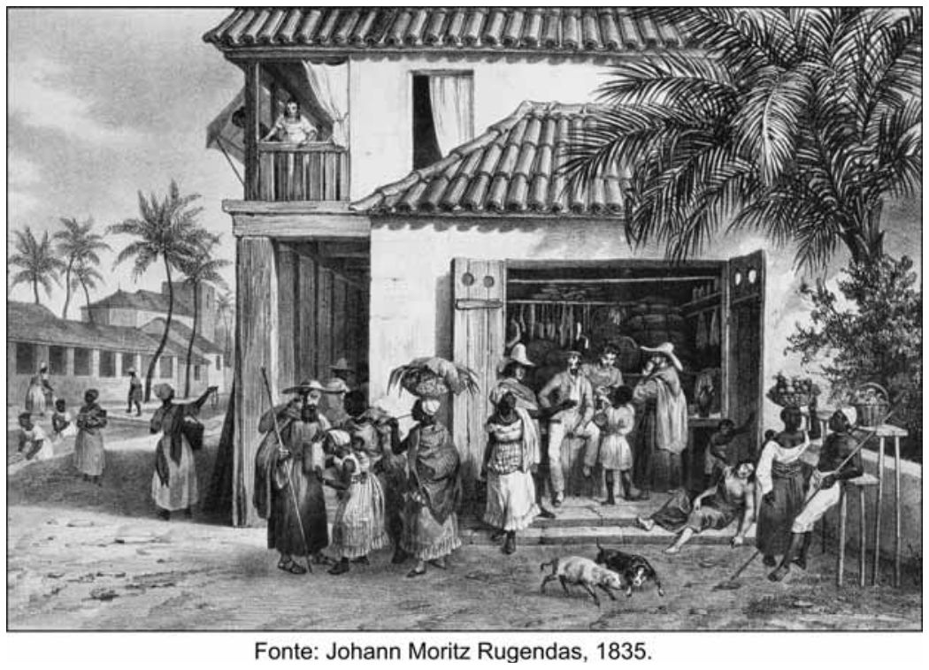 Cena urbana retratando uma venda ou armazém no Brasil do século XIX, com pessoas brancas e negras escravizadas reunidas dentro e em frente ao estabelecimento comercial, com mercadorias estocadas e animais na rua.