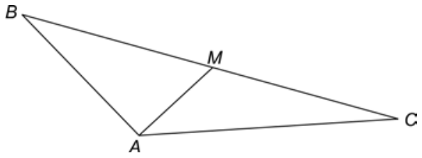Triângulo ABC com o ponto M sobre o lado BC e o segmento AM conectando o vértice A ao ponto M.