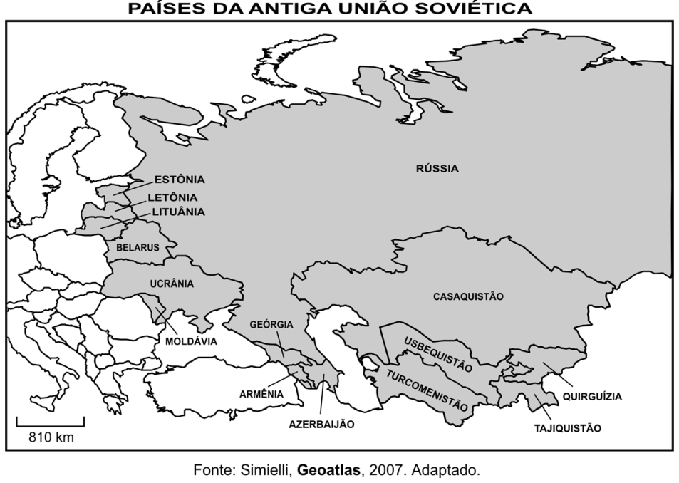 Mapa dos países da antiga União Soviética, destacando em cinza o território da Rússia, Estônia, Letônia, Lituânia, Belarus, Ucrânia, Moldávia, Geórgia, Armênia, Azerbaijão, Cazaquistão, Turcomenistão, Usbequistão, Quirguízia e Tajiquistão.