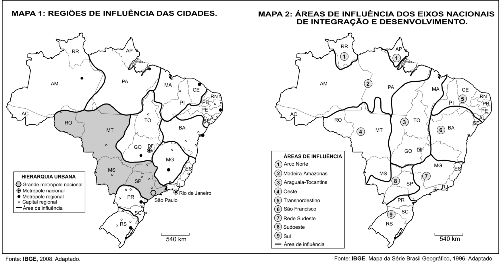 Mapa 1: Regiões de influência das cidades, mostrando a hierarquia urbana com destaque cinza para a rede de influência da Grande metrópole nacional (São Paulo), abrangendo parte do Centro-Oeste e Norte. Mapa 2: Áreas de influência dos eixos nacionais de integração e desenvolvimento, delimitando e numerando nove áreas pelo território brasileiro: 1. Arco Norte; 2. Madeira-Amazonas; 3. Araguaia-Tocantins; 4. Oeste; 5. Transnordestino; 6. São Francisco; 7. Rede Sudeste; 8. Sudoeste; 9. Sul.