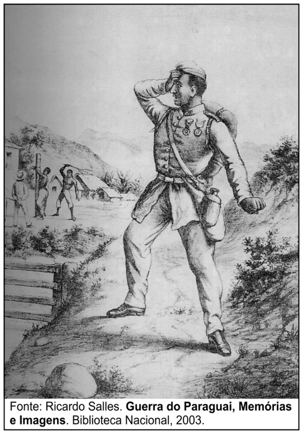 Ilustração de Ângelo Agostini mostrando um soldado negro condecorado retornando da Guerra do Paraguai em primeiro plano e, ao fundo, um homem negro escravizado sendo chicoteado em um pelourinho sob o olhar de um feitor.