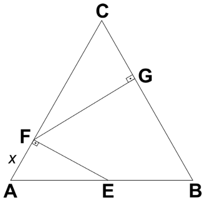 Triângulo equilátero ABC com ponto F sobre AC, E sobre AB e G sobre BC. Os segmentos FE e FG são desenhados de modo que os ângulos AFE e CGF são retos. A medida de AF é indicada por x.