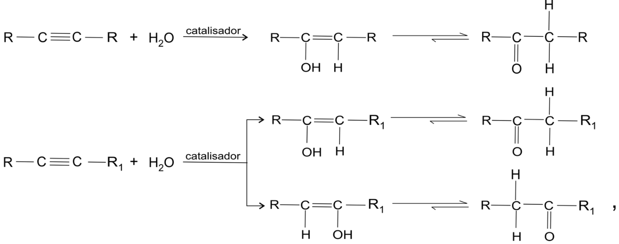 Esquemas de reações químicas mostrando a hidratação catalisada de alcinos: primeiro, um alcino simétrico R-C≡C-R reage com H2O formando um intermediário enol que se converte por equilíbrio tautomérico em uma cetona; segundo, um alcino assimétrico R-C≡C-R1 reage com H2O podendo formar dois enóis isoméricos diferentes, cada qual em equilíbrio tautomérico com a respectiva cetona isomérica.