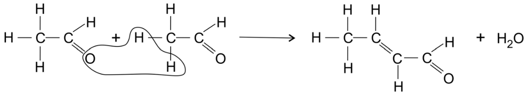 Esquema reacional da condensação aldólica intermolecular entre duas moléculas de etanal, destacando por uma linha fechada a eliminação de um oxigênio carbonílico e dois hidrogênios do carbono alfa para formar but-2-enal e água