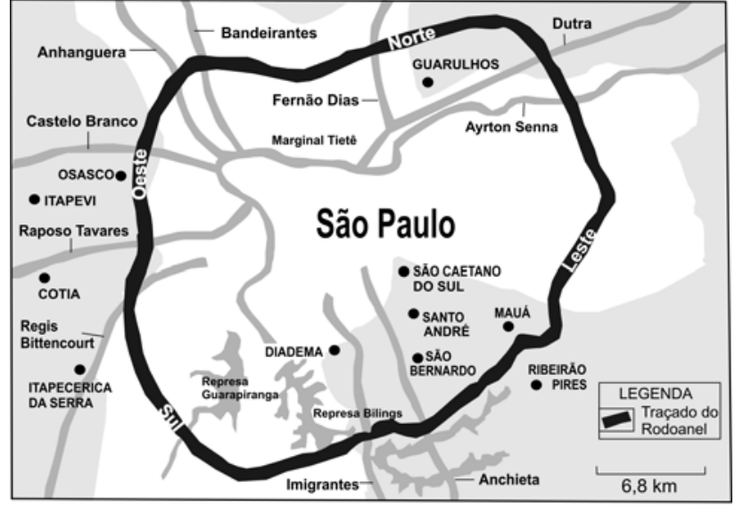 F2 Mapa da Região Metropolitana de São Paulo com o traçado completo previsto do Rodoanel, representado por uma linha preta espessa que circunda São Paulo e se divide nos trechos Norte, Leste, Sul e Oeste. Estão indicadas as vias Anhanguera, Bandeirantes, Dutra, Fernão Dias, Marginal Tietê, Ayrton Senna, Castelo Branco, Raposo Tavares, Regis Bittencourt, Imigrantes e Anchieta; os municípios Guarulhos, Osasco, Itapevi, Cotia, Itapecerica da Serra, Diadema, São Caetano do Sul, Santo André, São Bernardo, Mauá e Ribeirão Pires; e as represas Guarapiranga e Billings. A legenda identifica o Traçado do Rodoanel, e a escala gráfica indica 6,8 km.