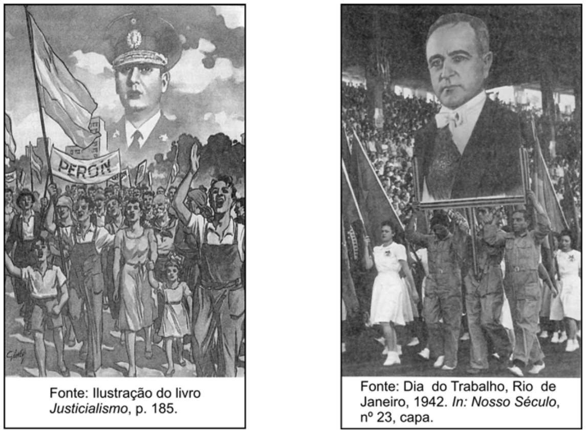 À esquerda, ilustração de trabalhadores marchando com faixas e bandeiras argentinas sob a figura de Juan Domingo Perón fardado; abaixo, a legenda: "Fonte: Ilustração do livro Justicialismo, p. 185.". À direita, foto de trabalhadores em desfile carregando um retrato de Getúlio Vargas em um estádio lotado; abaixo, a legenda: "Fonte: Dia do Trabalho, Rio de Janeiro, 1942. In: Nosso Século, nº 23, capa.".