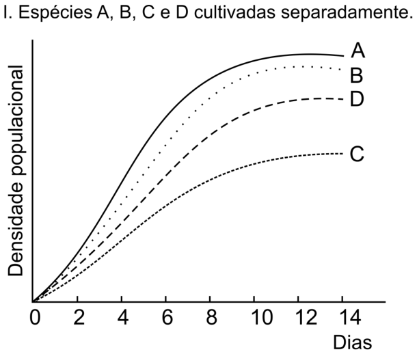 Gráfico I. Espécies A, B, C e D cultivadas separadamente. Eixo vertical: Densidade populacional, sem valores numéricos. Eixo horizontal: Dias, com marcas em 0, 2, 4, 6, 8, 10, 12 e 14. As quatro curvas partem da origem, crescem e se estabilizam, com densidades finais em ordem decrescente A, B, D e C. A é representada por linha contínua, B por linha pontilhada, D por linha tracejada e C por linha de pequenos traços.