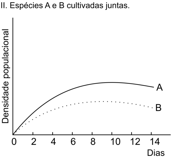 Gráfico II. Espécies A e B cultivadas juntas. Eixo vertical: Densidade populacional, sem valores numéricos. Eixo horizontal: Dias, com marcas em 0, 2, 4, 6, 8, 10, 12 e 14. As curvas A, contínua, e B, pontilhada, partem da origem, crescem até aproximadamente o dia 10 e depois diminuem ligeiramente. A permanece acima de B.