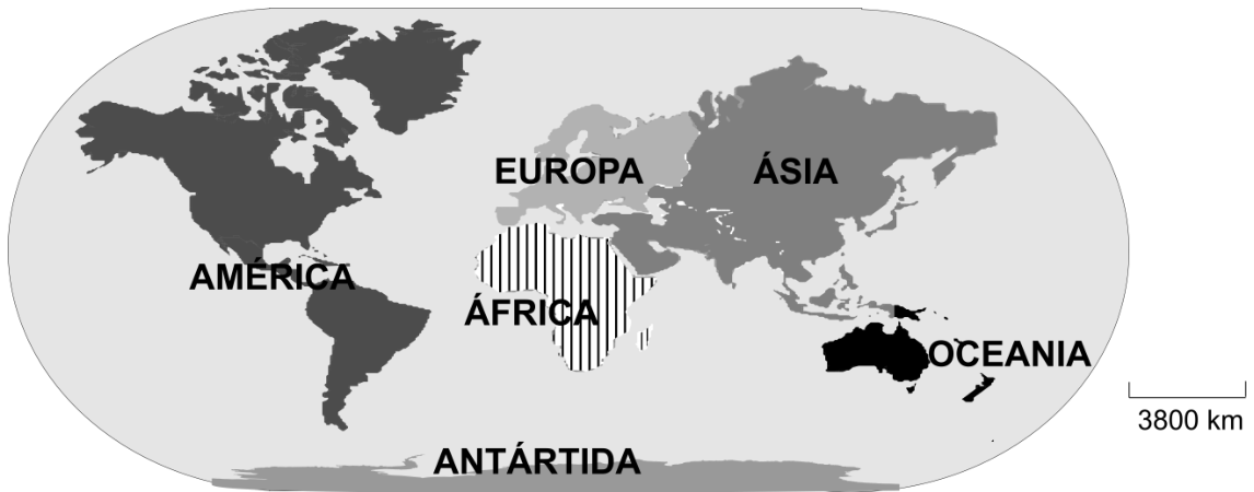 Mapa-múndi com divisão continental tradicional indicando América, África, Europa, Ásia, Oceania e Antártida, acompanhado de escala gráfica de 3800 km.