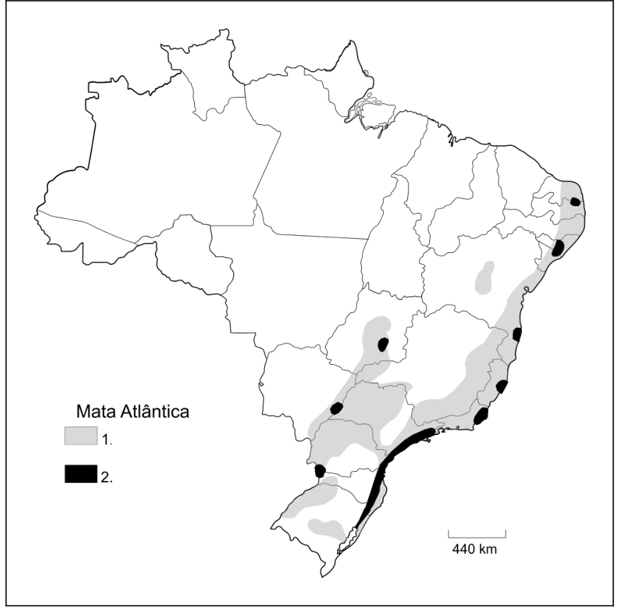 F1 Mapa do Brasil indicando a distribuição da Mata Atlântica, com uma legenda dividida entre a área 1, em cinza, e a área 2, em preto pontual ao longo do litoral e interior.