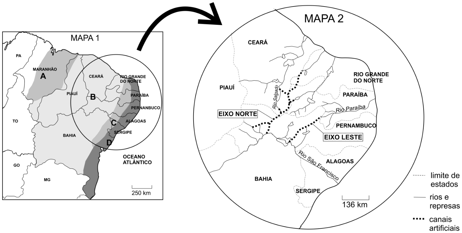 F1 Dois mapas da região Nordeste do Brasil: o Mapa 1 mostra as sub-regiões nordestinas indicadas pelas letras A, B, C e D, com destaque circular na área central/interior (B). Uma seta parte deste círculo e amplia o Mapa 2, que detalha os estados do Ceará, Piauí, Rio Grande do Norte, Paraíba, Pernambuco, Alagoas, Sergipe e Bahia, mostrando o curso do Rio São Francisco, rios e represas existentes, e o traçado dos canais artificiais projetados para a transposição divididos em Eixo Norte e Eixo Leste.