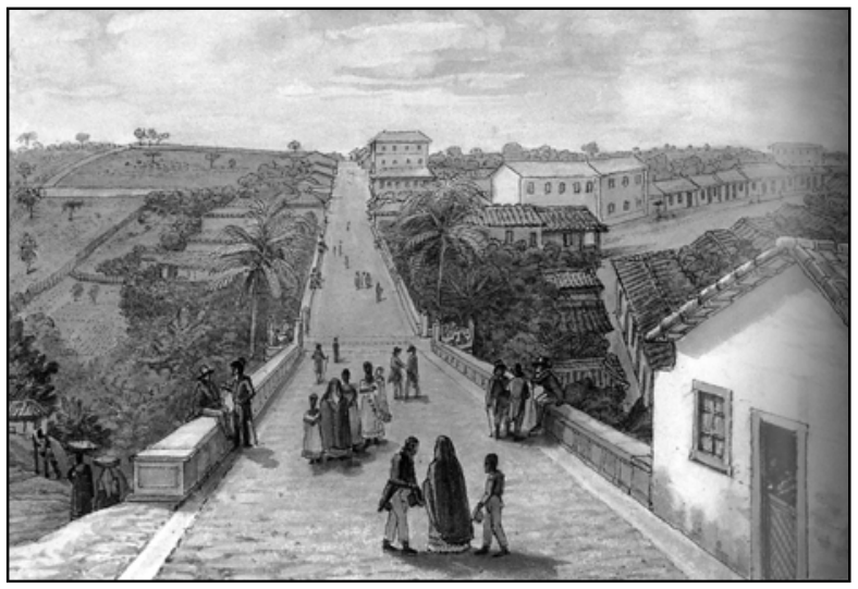 Pintura em tons de cinza retratando uma rua em aclive na cidade de São Paulo em 1827, com transeuntes dispersos, casas de estilo colonial e colinas ao fundo sob um céu claro.