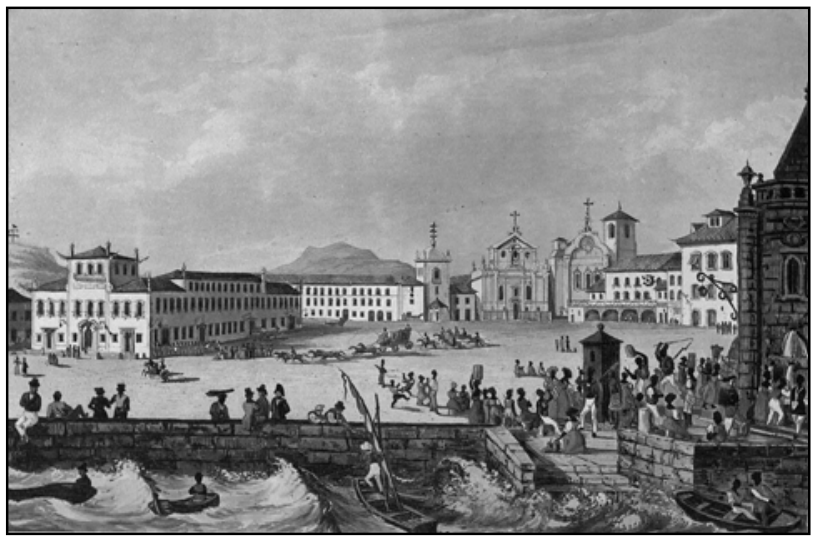 F2 Pintura em tons de cinza retratando a movimentação no cais do Rio de Janeiro em 1832, com grande aglomeração de pessoas, carruagens, edifícios governamentais e religiosos ao redor da praça e barcos na água agitada em primeiro plano.