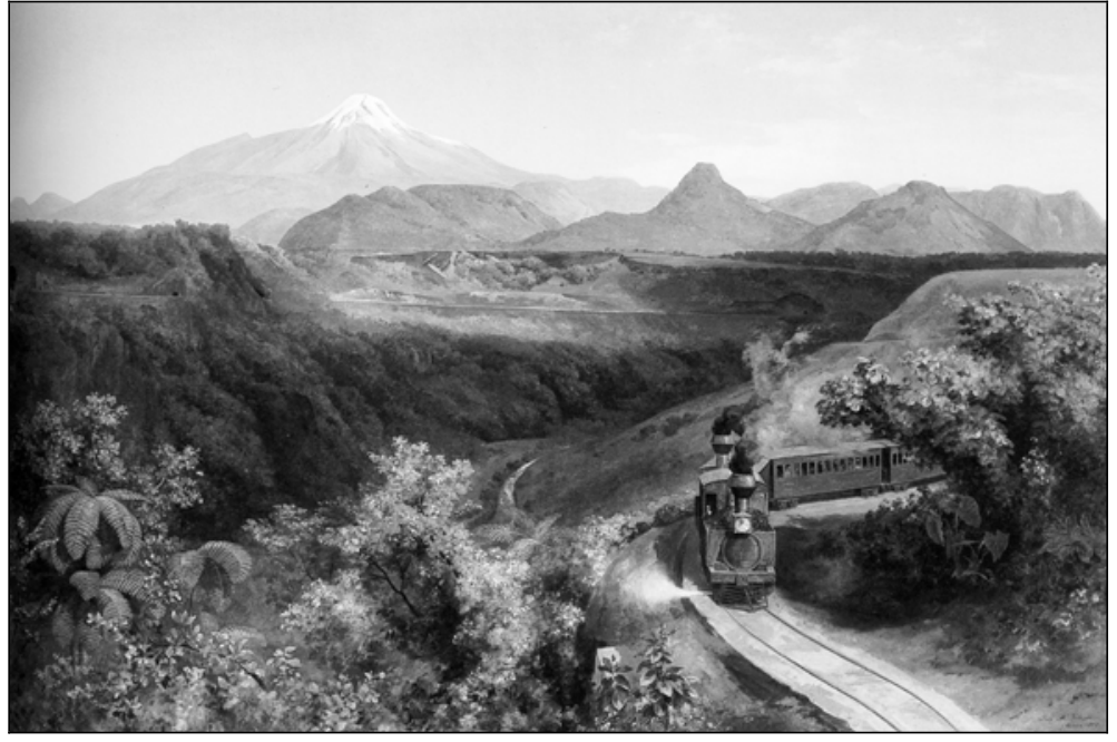 F1 Pintura a óleo com vista panorâmica de uma paisagem montanhosa mexicana, onde um trem a vapor com locomotiva e vagões avança sobre trilhos contornando uma encosta com vegetação densa à direita, com montanhas e um vulcão ou pico nevado ao fundo.