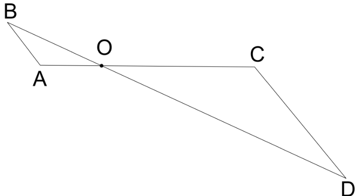 F1 Dois triângulos, OAB e OCD, com o segmento AC horizontal contendo o ponto O, e o segmento BD transversal passando também por O, de modo que os triângulos são opostos pelo vértice O. O segmento AB fica à esquerda inclinado para a esquerda e para cima, e o segmento CD fica à direita inclinado para a direita e para baixo, paralelos entre si.