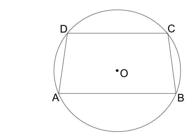 Trapézio ABCD inscrito em uma circunferência de centro O, com base menor CD superior e base maior AB inferior.