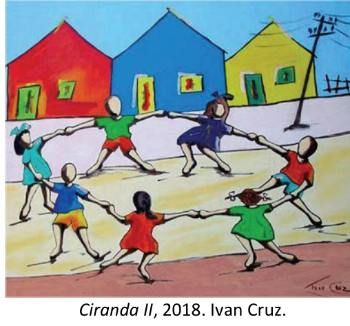 Pintura de sete crianças de mãos dadas em uma roda, diante de casas coloridas em vermelho, azul e amarelo. À direita, há um poste e fios. A legenda abaixo da pintura diz: “Ciranda II, 2018. Ivan Cruz.”, com o título em itálico.
