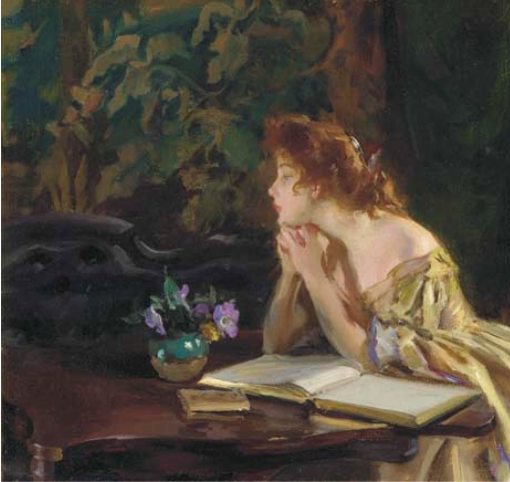 Pintura de uma mulher sentada diante de uma mesa, com as mãos próximas ao queixo, olhando para o lado. Sobre a mesa há livros, um deles aberto, e um pequeno vaso com flores. Ao fundo, há vegetação.