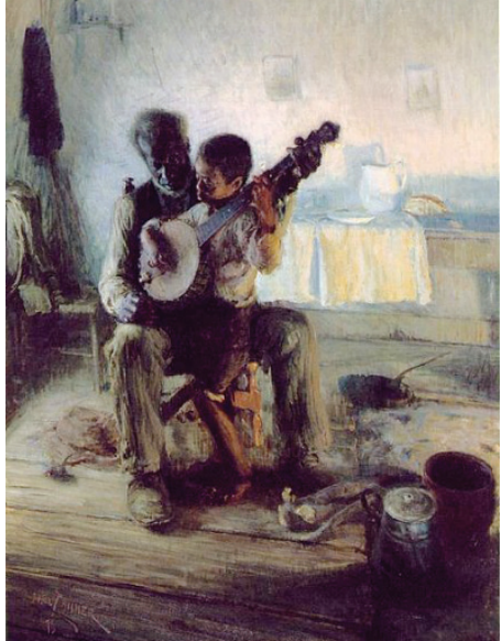 Pintura de um homem idoso sentado com uma criança junto a ele, ambos segurando um banjo. A criança toca as cordas enquanto o homem a orienta. O ambiente é um interior simples, com utensílios domésticos, recipientes no chão e uma mesa ao fundo.