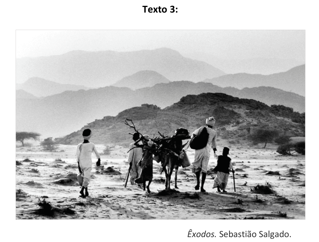 Texto 3: Fotografia em preto e branco de quatro pessoas, vistas de costas, caminhando com um animal de carga que transporta galhos e pertences, em uma paisagem árida, com vegetação esparsa e montanhas ao fundo. Abaixo da fotografia, o crédito: “Êxodos. Sebastião Salgado.”