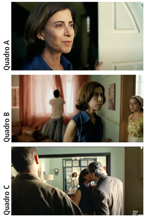 F1 Três cenas do filme "Ainda Estou Aqui": o Quadro A mostra Eunice em close-up olhando para a direita; o Quadro B mostra Eunice no centro de uma sala, uma pessoa ao fundo fechando as cortinas e outra mulher à direita; o Quadro C mostra Rubens e Eunice se beijando, vistos por trás do ombro de um homem fardado.