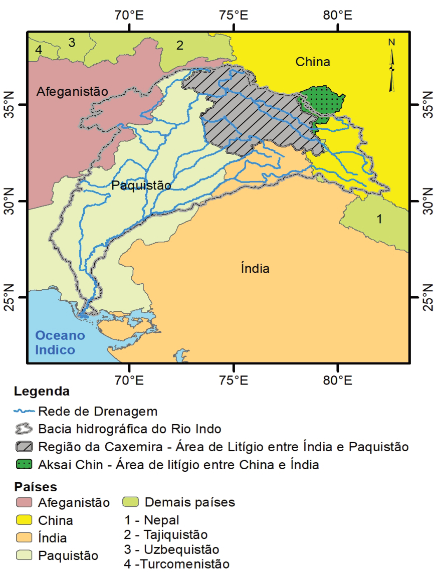 Mapa político e hidrográfico da bacia hidrográfica do rio Indo na Ásia Central/Meridional, destacando o fluxo dos afluentes e do rio principal passando por China, Índia, Afeganistão e Paquistão até desaguar no Oceano Índico, indicando também as áreas de litígio da Caxemira e Aksai Chin.