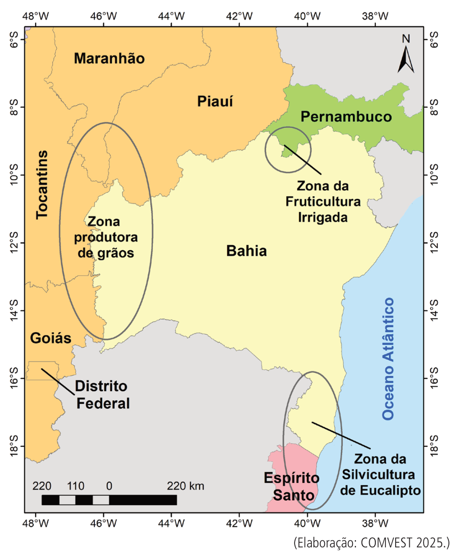 F1 Mapa mostrando os circuitos produtivos do agronegócio no estado da Bahia e estados vizinhos, destacando três áreas: a Zona produtora de grãos no oeste da Bahia e fronteira com Tocantins, Maranhão, Piauí e Goiás; a Zona da Fruticultura Irrigada na fronteira norte com Pernambuco; e a Zona da Silvicultura de Eucalipto no extremo sul da Bahia e fronteira com o Espírito Santo.