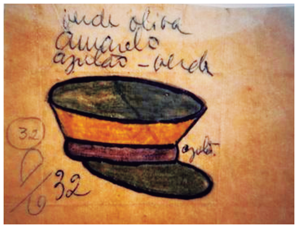 F2 Esboço colorido de um quepe militar visto de perfil, com topo verde-oliva, faixa amarela e detalhes em azulão, acompanhado de anotações manuscritas com as cores e o número 32.