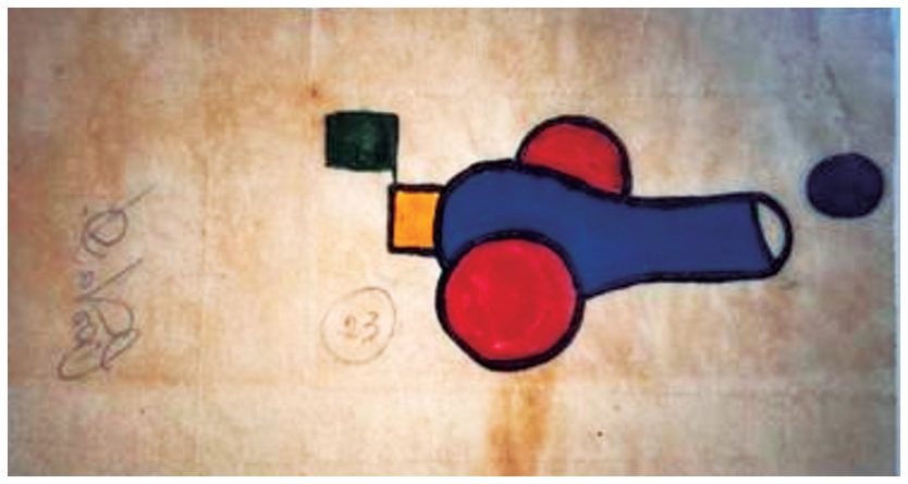 F3 Esboço colorido em estilo infantil de um canhão azul com rodas vermelhas, uma pequena bandeira verde na parte traseira e uma bala preta disparada à frente, com inscrições e assinatura manuscrita à esquerda.