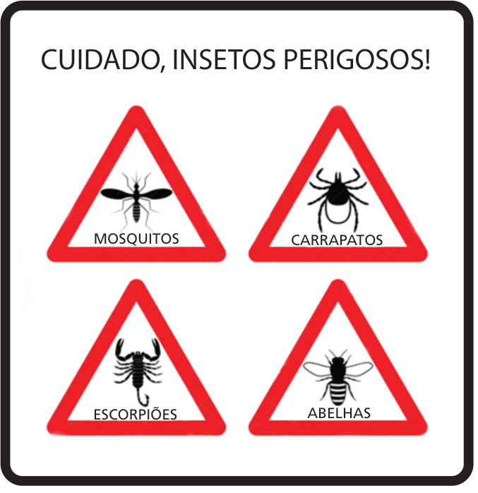 Placa de aviso branca com bordas arredondadas pretas e o título "CUIDADO, INSETOS PERIGOSOS!". No interior, há quatro placas triangulares de advertência com bordas vermelhas e fundo branco contendo silhuetas de animais com seus nomes logo abaixo: no canto superior esquerdo, um mosquito com a legenda "MOSQUITOS"; no superior direito, um carrapato com a legenda "CARRAPATOS"; no inferior esquerdo, um escorpião com a legenda "ESCORPIÕES"; no inferior direito, uma abelha com a legenda "ABELHAS".