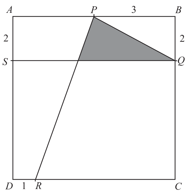 Quadrado ABCD de lado 6 com ponto S no lado AD e Q no lado BC unidos por um segmento horizontal SQ, P no lado AB e R no lado CD unidos pelo segmento PR. A região triangular delimitada por P, Q e a interseção de PR com SQ está sombreada.