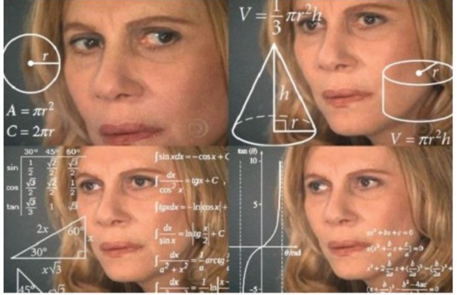F1 Meme conhecido como Nazaré Confusa, dividido em quatro quadros que mostram a personagem Nazaré Tedesco com expressões faciais de dúvida e raciocínio, sobreposta por diversas equações, fórmulas matemáticas e gráficos geométricos traçados em branco.