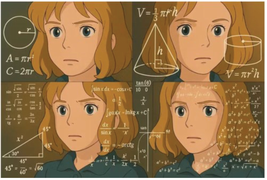 Quatro quadros mostrando uma personagem feminina de cabelos castanho-claros e olhos azuis em estilo de animação do Studio Ghibli, em expressões faciais de dúvida e confusão, com fórmulas matemáticas, gráficos e equações geométricas sobrepostas, recriando o meme Nazaré Confusa.