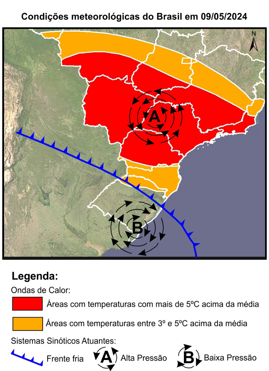 F1 Condições meteorológicas do Brasil em 09/05/2024: mapa exibindo áreas do Centro-Oeste, Sudeste e Sul sob ondas de calor (vermelho para temperaturas com mais de 5 °C acima da média e laranja para temperaturas entre 3 °C e 5 °C acima da média), além de um sistema de alta pressão (A) no centro-sul, um sistema de baixa pressão (B) sobre o Rio Grande do Sul e uma frente fria associada.
