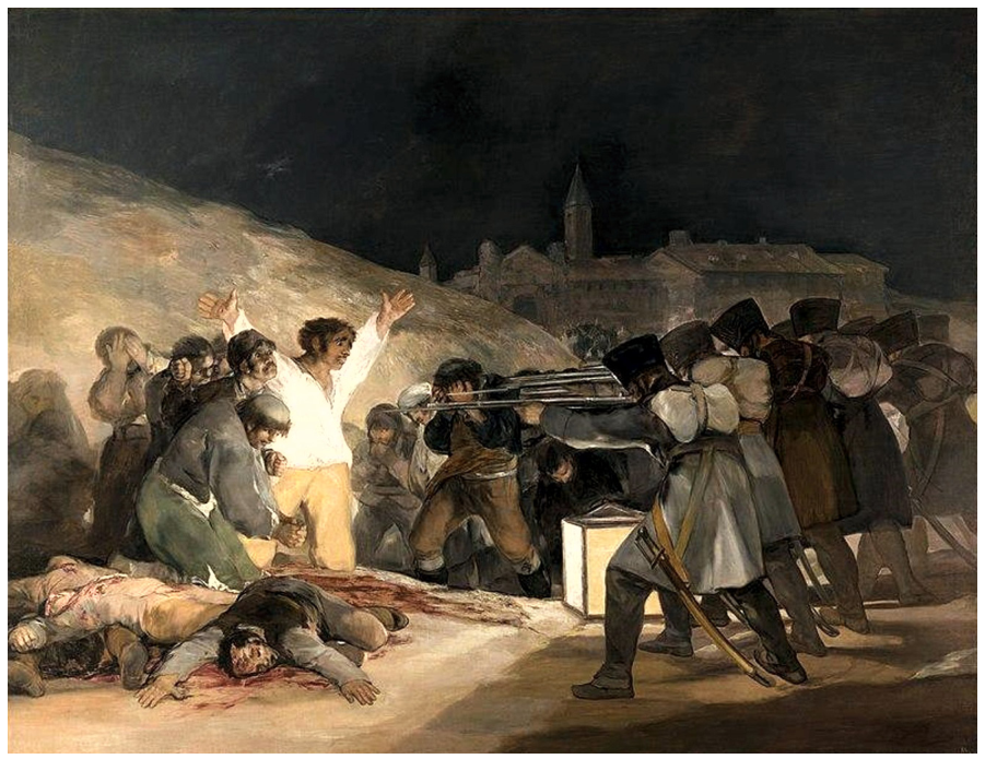 Pintura 'O 3 de maio de 1808 em Madri', de Francisco Goya. À esquerda, sob iluminação dramática de uma grande lanterna cúbica pousada no chão, um grupo de civis espanhóis rende-se ou se desespera diante de um monte de terra; destaca-se um homem de camisa branca e braços abertos erguidos, ladeado por outros homens assustados e corpos ensanguentados já caídos ao chão. À direita, um pelotão de soldados franceses alinhados de costas para o observador aponta seus fuzis contra os insurgentes. Ao fundo, sob céu noturno encoberto, veem-se as silhuetas de construções da cidade.