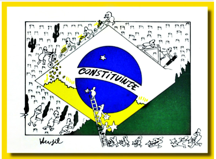 Charge de Henfil representando a construção da bandeira do Brasil por várias pessoas populares. No círculo azul central, a faixa branca traz a palavra "CONSTITUINTE" em vez do lema tradicional; figuras humanas sobem por escadas para colocar estrelas e usam carrinhos de mão e ferramentas para compor a bandeira.