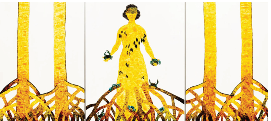 Tríptico com arte visual em tons de amarelo e marrom, retratando troncos e raízes aéreas ramificadas típicas de manguezal; no painel central, uma figura humana feminina tem raízes como membros inferiores e caranguejos sobre os galhos e em suas mãos.